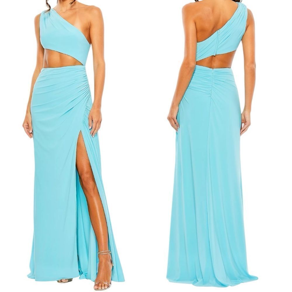 Mac Duggal Aqua One-Shoulder Cutout Evening Gown
